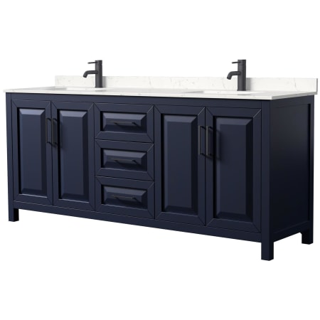 A large image of the Wyndham Collection WCV252580D-VCA-MXX Dark Blue / Carrara Cultured Marble Top / Matte Black Hardware