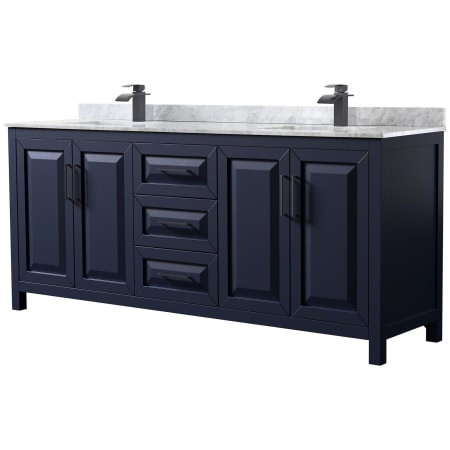 A large image of the Wyndham Collection WCV252580DUNSMXX Dark Blue / White Carrara Marble Top / Matte Black Hardware