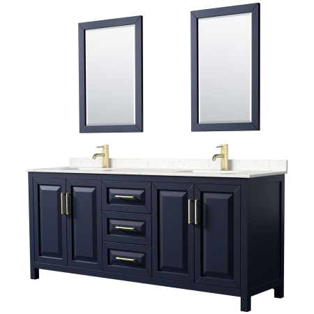A large image of the Wyndham Collection WCV252580D-VCA-M24 Dark Blue / Carrara Cultured Marble Top / Brushed Gold Hardware