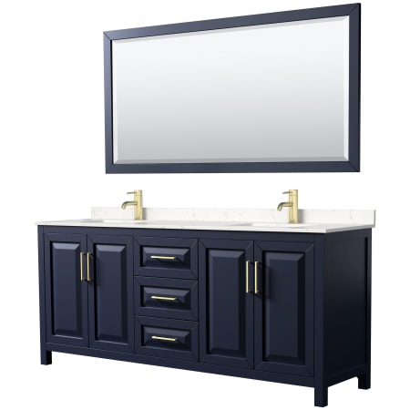 A large image of the Wyndham Collection WCV252580D-VCA-M70 Dark Blue / Carrara Cultured Marble Top / Brushed Gold Hardware