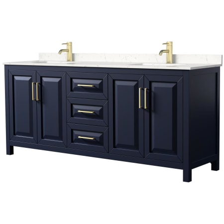 A large image of the Wyndham Collection WCV252580D-VCA-MXX Dark Blue / Carrara Cultured Marble Top / Brushed Gold Hardware