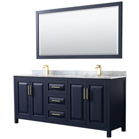 A large image of the Wyndham Collection WCV252580DUNSM70 Dark Blue / White Carrara Marble Top / Brushed Gold Hardware