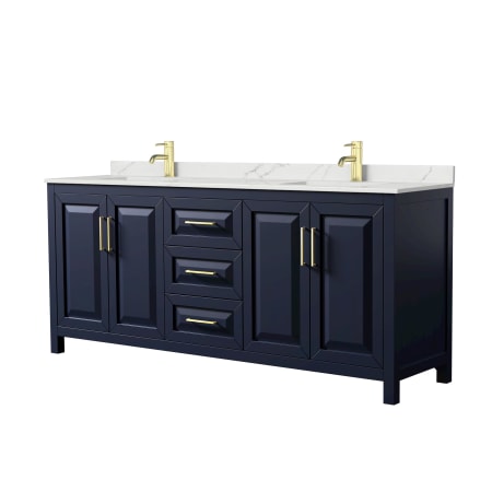 A large image of the Wyndham Collection WCV252580D-QTZ-UNSMXX Dark Blue / Giotto Quartz Top / Brushed Gold Hardware