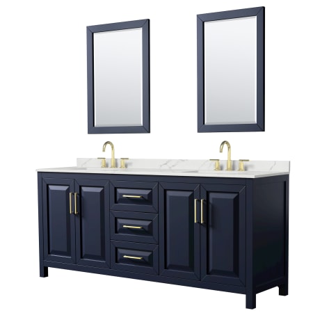 A large image of the Wyndham Collection WCV252580D-QTZ-US3M24 Dark Blue / Giotto Quartz Top / Brushed Gold Hardware