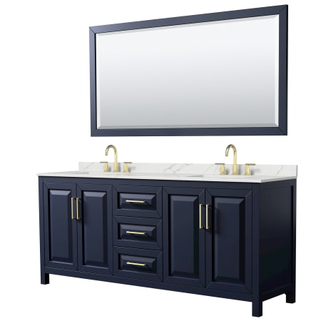 A large image of the Wyndham Collection WCV252580D-QTZ-US3M70 Dark Blue / Giotto Quartz Top / Brushed Gold Hardware