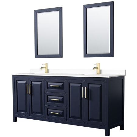 A large image of the Wyndham Collection WCV252580D-VCA-M24 Dark Blue / White Cultured Marble Top / Brushed Gold Hardware
