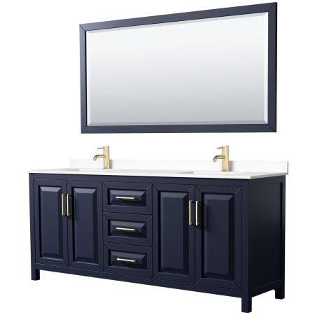 A large image of the Wyndham Collection WCV252580D-VCA-M70 Dark Blue / White Cultured Marble Top / Brushed Gold Hardware