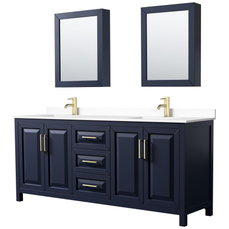 A large image of the Wyndham Collection WCV252580D-VCA-MED Dark Blue / White Cultured Marble Top / Brushed Gold Hardware
