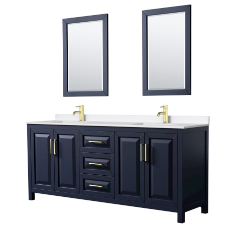 A large image of the Wyndham Collection WCV252580D-QTZ-UNSM24 Dark Blue / White Quartz Top / Brushed Gold Hardware