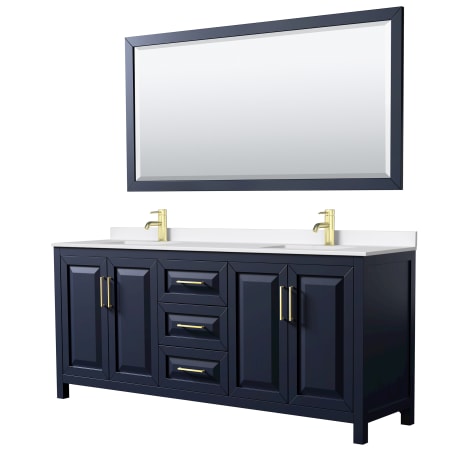 A large image of the Wyndham Collection WCV252580D-QTZ-UNSM70 Dark Blue / White Quartz Top / Brushed Gold Hardware