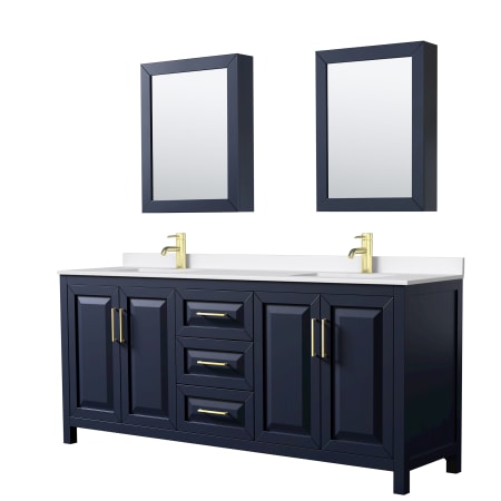 A large image of the Wyndham Collection WCV252580D-QTZ-UNSMED Dark Blue / White Quartz Top / Brushed Gold Hardware