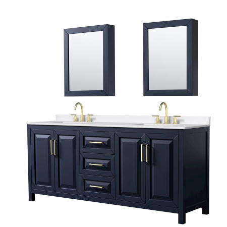 A large image of the Wyndham Collection WCV252580D-QTZ-US3MED Dark Blue / White Quartz Top / Brushed Gold Hardware