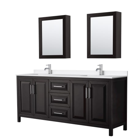 A large image of the Wyndham Collection WCV252580D-QTZ-UNSMED Dark Espresso / White Quartz Top / Polished Chrome Hardware