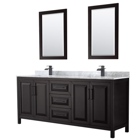 A large image of the Wyndham Collection WCV252580DUNSM24 Dark Espresso / White Carrara Marble Top / Matte Black Hardware