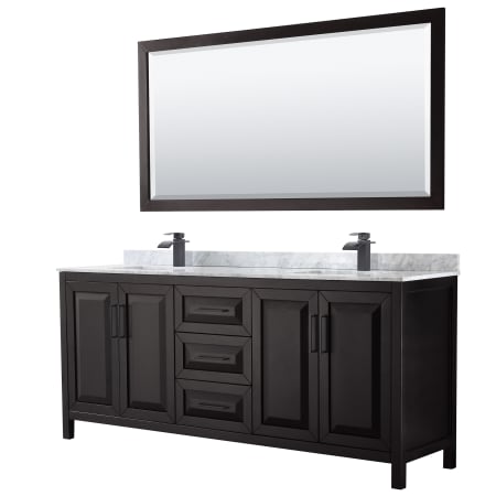 A large image of the Wyndham Collection WCV252580DUNSM70 Dark Espresso / White Carrara Marble Top / Matte Black Hardware