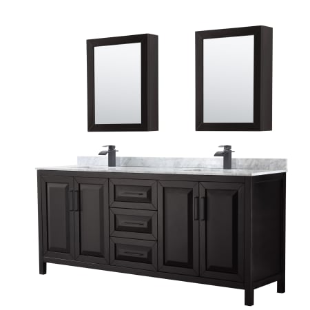 A large image of the Wyndham Collection WCV252580DUNSMED Dark Espresso / White Carrara Marble Top / Matte Black Hardware