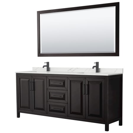 A large image of the Wyndham Collection WCV252580D-QTZ-UNSM70 Dark Espresso / Giotto Quartz Top / Matte Black Hardware