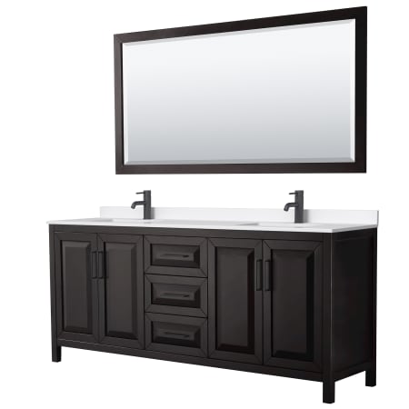 A large image of the Wyndham Collection WCV252580D-QTZ-UNSM70 Dark Espresso / White Quartz Top / Matte Black Hardware