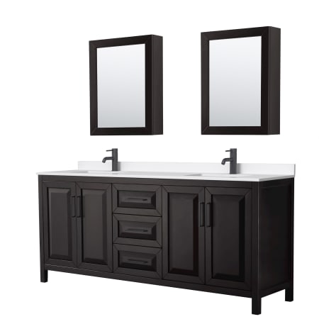 A large image of the Wyndham Collection WCV252580D-QTZ-UNSMED Dark Espresso / White Quartz Top / Matte Black Hardware