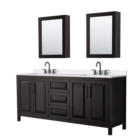 A large image of the Wyndham Collection WCV252580D-QTZ-US3MED Dark Espresso / White Quartz Top / Matte Black Hardware