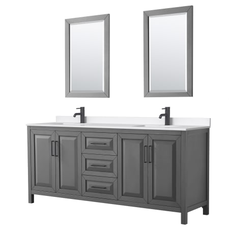 A large image of the Wyndham Collection WCV252580D-QTZ-UNSM24 Dark Gray / White Quartz Top / Matte Black Hardware