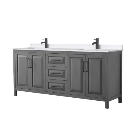 A large image of the Wyndham Collection WCV252580D-QTZ-UNSMXX Dark Gray / White Quartz Top / Matte Black Hardware