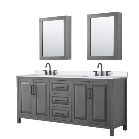 A large image of the Wyndham Collection WCV252580D-QTZ-US3MED Dark Gray / White Quartz Top / Matte Black Hardware