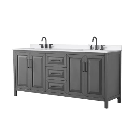 A large image of the Wyndham Collection WCV252580D-QTZ-US3MXX Dark Gray / White Quartz Top / Matte Black Hardware