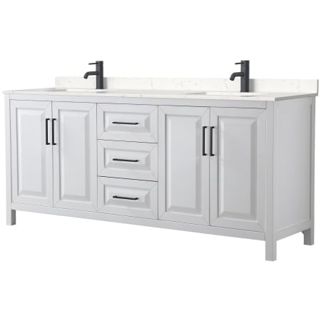 A large image of the Wyndham Collection WCV252580D-VCA-MXX White / Carrara Cultured Marble Top / Matte Black Hardware