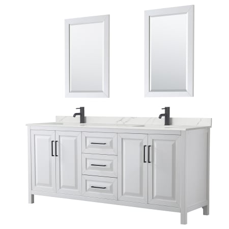 A large image of the Wyndham Collection WCV252580D-QTZ-UNSM24 White / Giotto Quartz Top / Matte Black Hardware