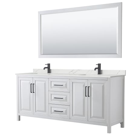 A large image of the Wyndham Collection WCV252580D-QTZ-UNSM70 White / Giotto Quartz Top / Matte Black Hardware