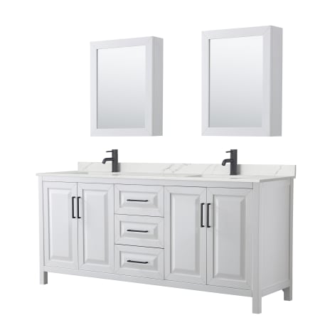 A large image of the Wyndham Collection WCV252580D-QTZ-UNSMED White / Giotto Quartz Top / Matte Black Hardware