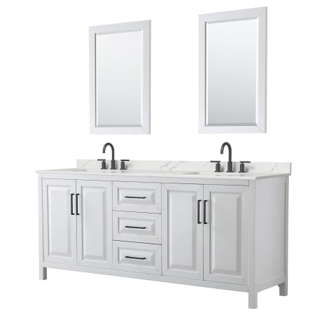 A large image of the Wyndham Collection WCV252580D-QTZ-US3M24 White / Giotto Quartz Top / Matte Black Hardware