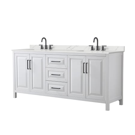 A large image of the Wyndham Collection WCV252580D-QTZ-US3MXX White / Giotto Quartz Top / Matte Black Hardware