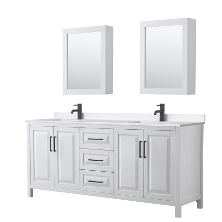 A large image of the Wyndham Collection WCV252580D-QTZ-UNSMED White / White Quartz Top / Matte Black Hardware