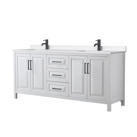 A large image of the Wyndham Collection WCV252580D-QTZ-UNSMXX White / White Quartz Top / Matte Black Hardware