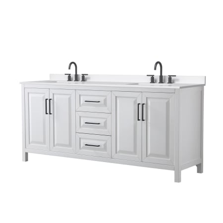 A large image of the Wyndham Collection WCV252580D-QTZ-US3MXX White / White Quartz Top / Matte Black Hardware