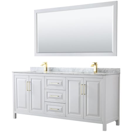 A large image of the Wyndham Collection WCV252580DUNSM70 White / White Carrara Marble Top / Brushed Gold Hardware