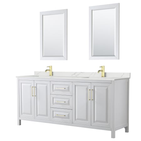 A large image of the Wyndham Collection WCV252580D-QTZ-UNSM24 White / Giotto Quartz Top / Brushed Gold Hardware