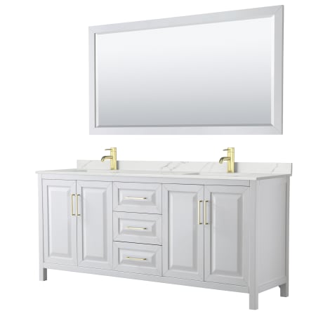 A large image of the Wyndham Collection WCV252580D-QTZ-UNSM70 White / Giotto Quartz Top / Brushed Gold Hardware