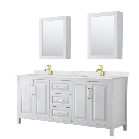 A large image of the Wyndham Collection WCV252580D-QTZ-UNSMED White / Giotto Quartz Top / Brushed Gold Hardware