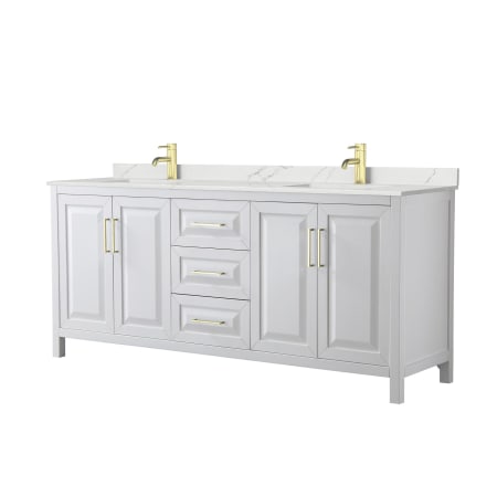 A large image of the Wyndham Collection WCV252580D-QTZ-UNSMXX White / Giotto Quartz Top / Brushed Gold Hardware