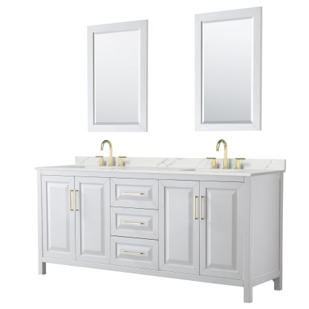 A large image of the Wyndham Collection WCV252580D-QTZ-US3M24 White / Giotto Quartz Top / Brushed Gold Hardware