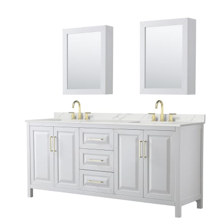 A large image of the Wyndham Collection WCV252580D-QTZ-US3MED White / Giotto Quartz Top / Brushed Gold Hardware