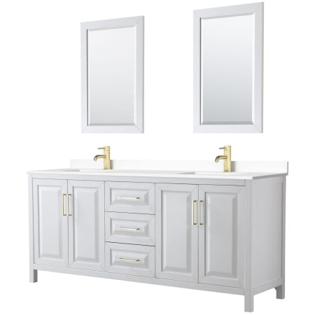 A large image of the Wyndham Collection WCV252580D-VCA-M24 White / White Cultured Marble Top / Brushed Gold Hardware