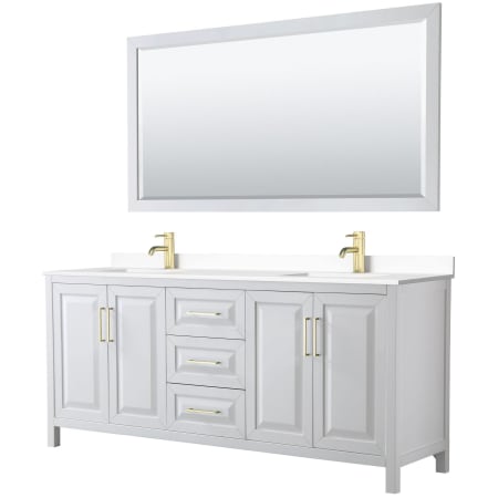 A large image of the Wyndham Collection WCV252580D-VCA-M70 White / White Cultured Marble Top / Brushed Gold Hardware