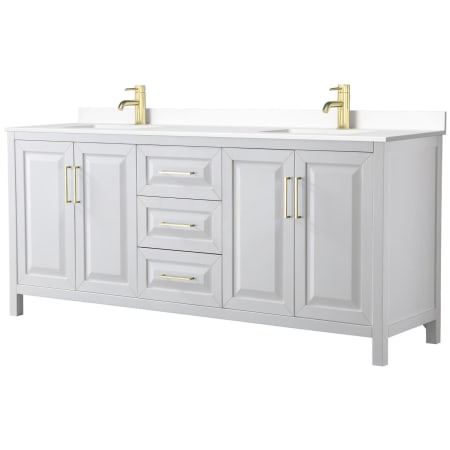 A large image of the Wyndham Collection WCV252580D-VCA-MXX White / White Cultured Marble Top / Brushed Gold Hardware