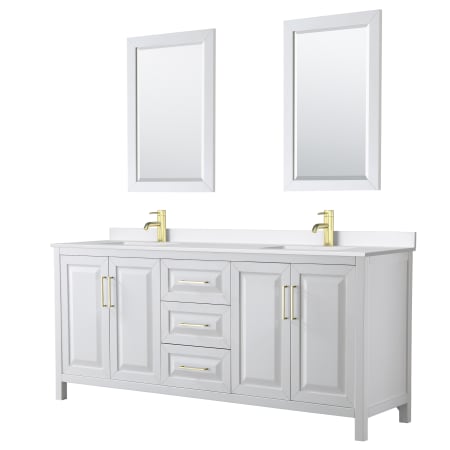 A large image of the Wyndham Collection WCV252580D-QTZ-UNSM24 White / White Quartz Top / Brushed Gold Hardware