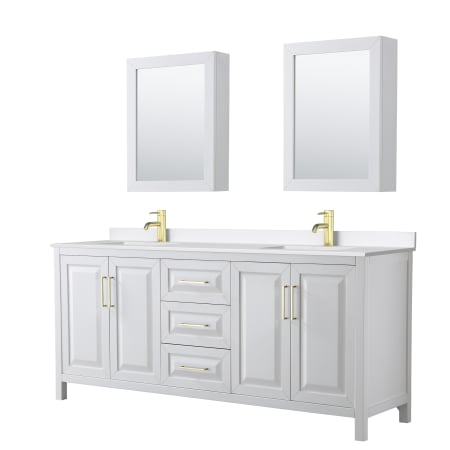 A large image of the Wyndham Collection WCV252580D-QTZ-UNSMED White / White Quartz Top / Brushed Gold Hardware