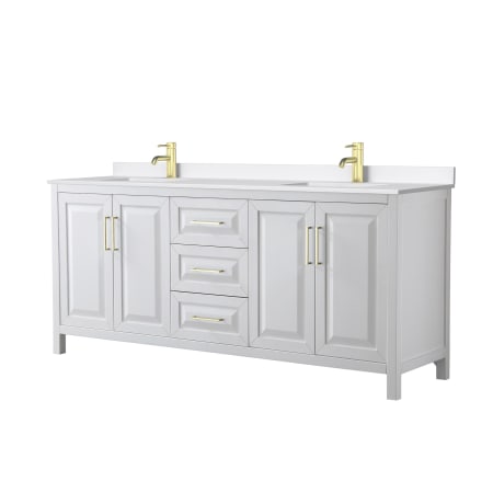 A large image of the Wyndham Collection WCV252580D-QTZ-UNSMXX White / White Quartz Top / Brushed Gold Hardware